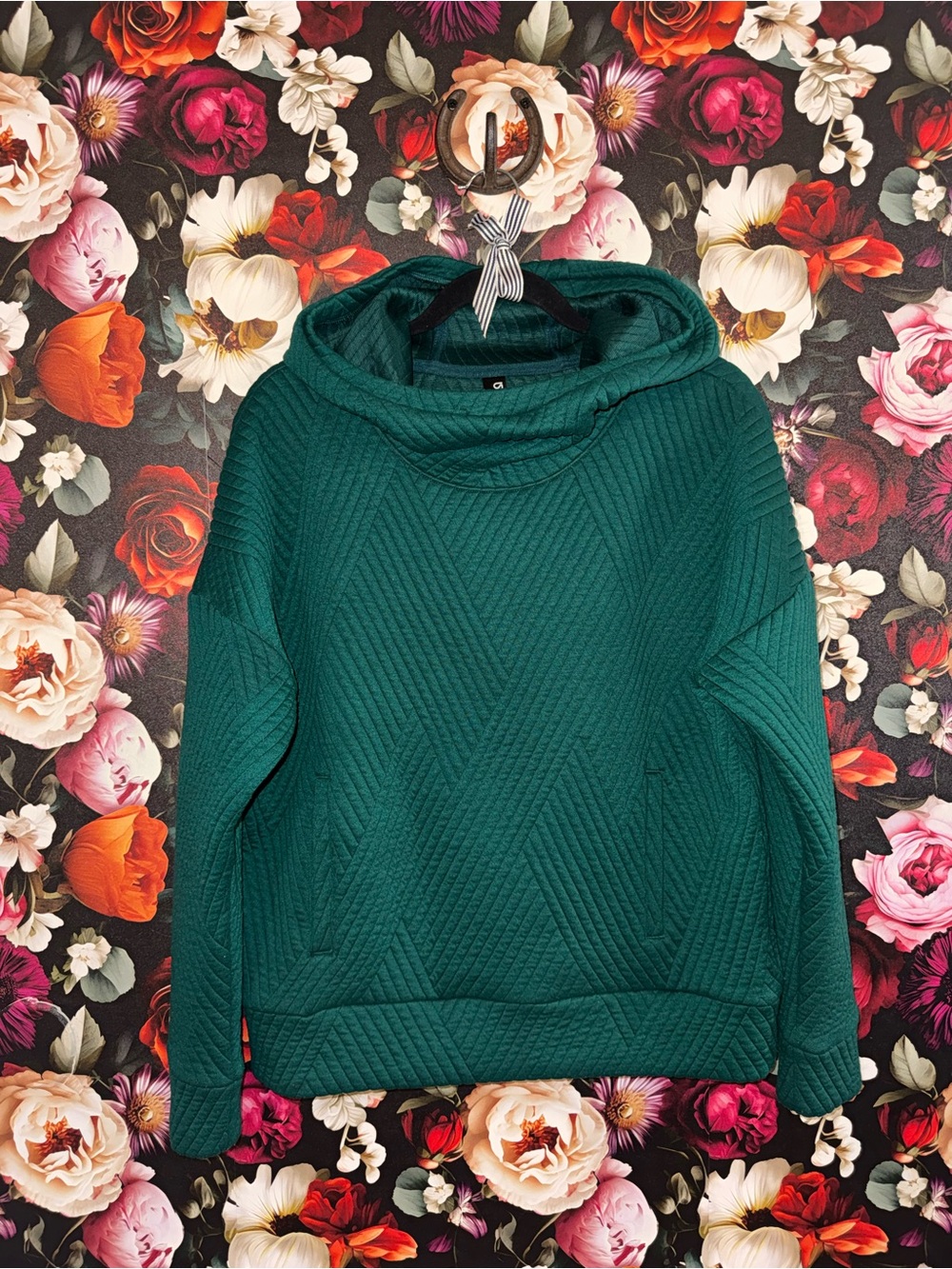 Women’s GAP Emerald Green Quilted Funnel Neck Pullover Hoodie, M, NWOT